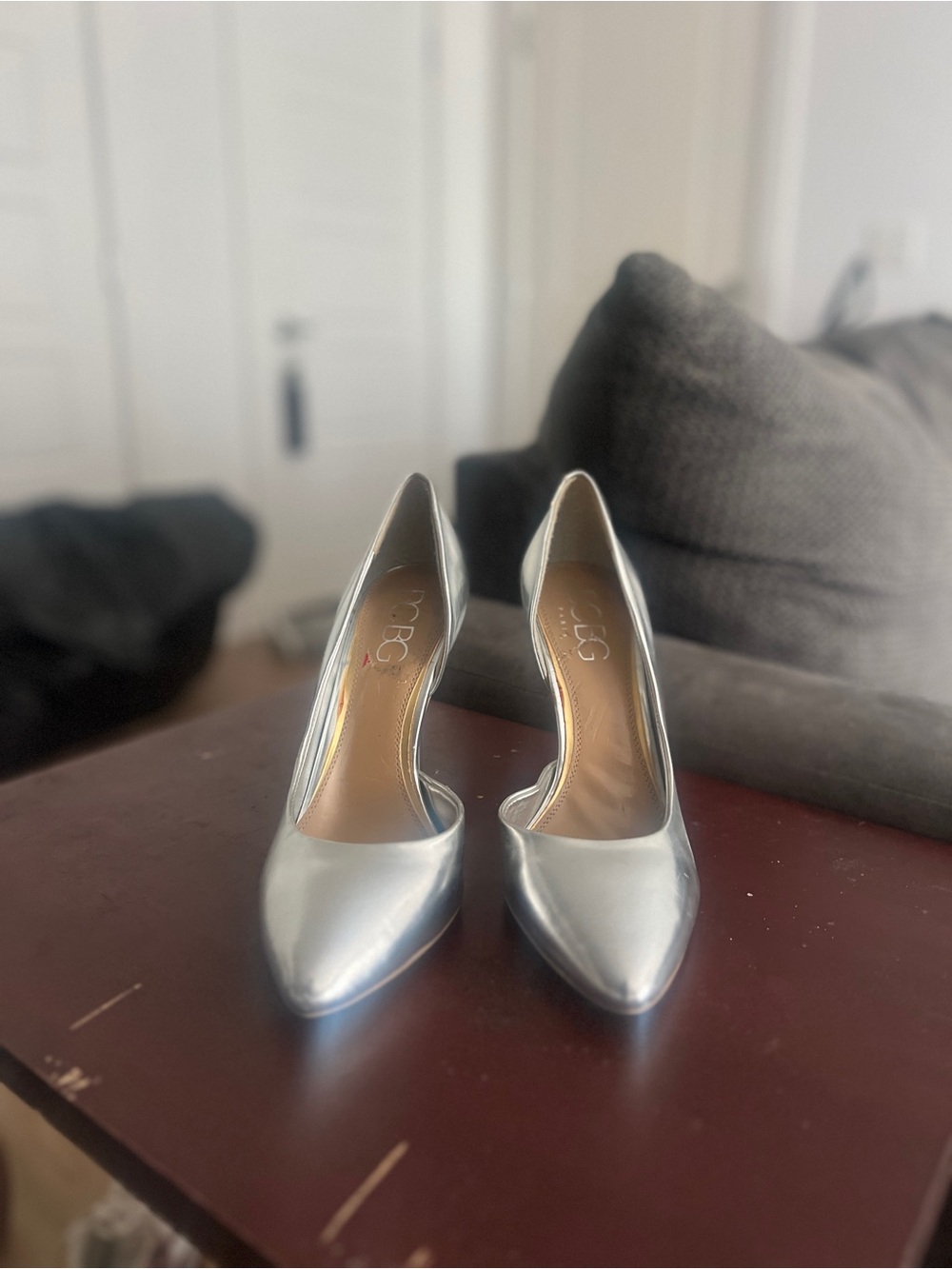 BCBG Metallic Silver Pointed Toe Pumps